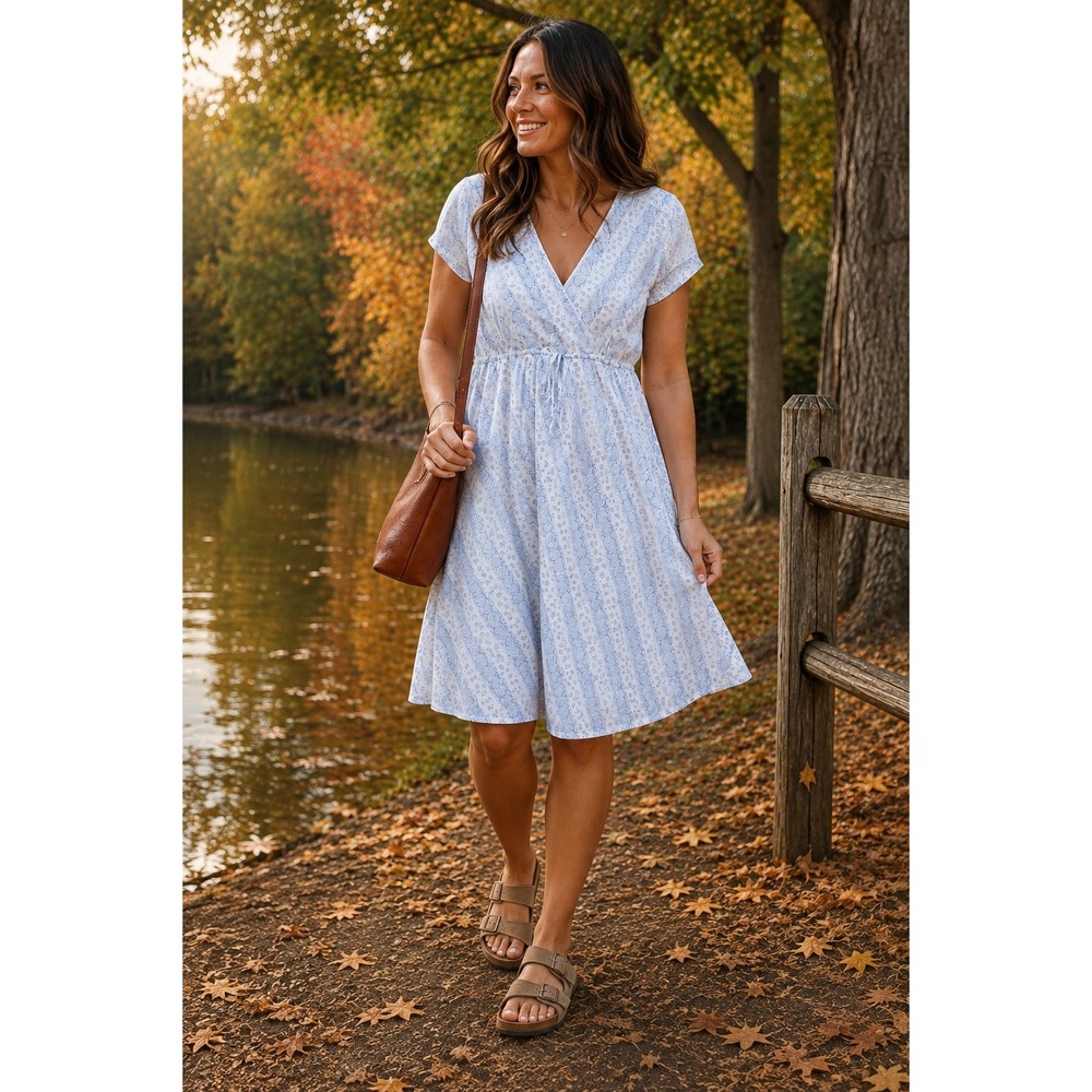 Eddie Bauer Dress Paisley Floral Cotton Surplice Empire Waist Boho White Blue 12